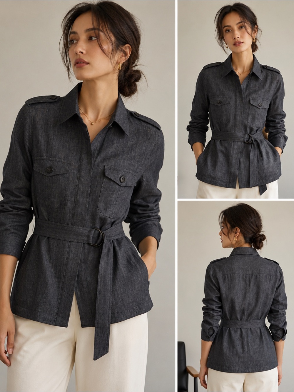 Comme Ca Ism Linen Blend Utility Safari Jacket XS Gray Belted Like New
